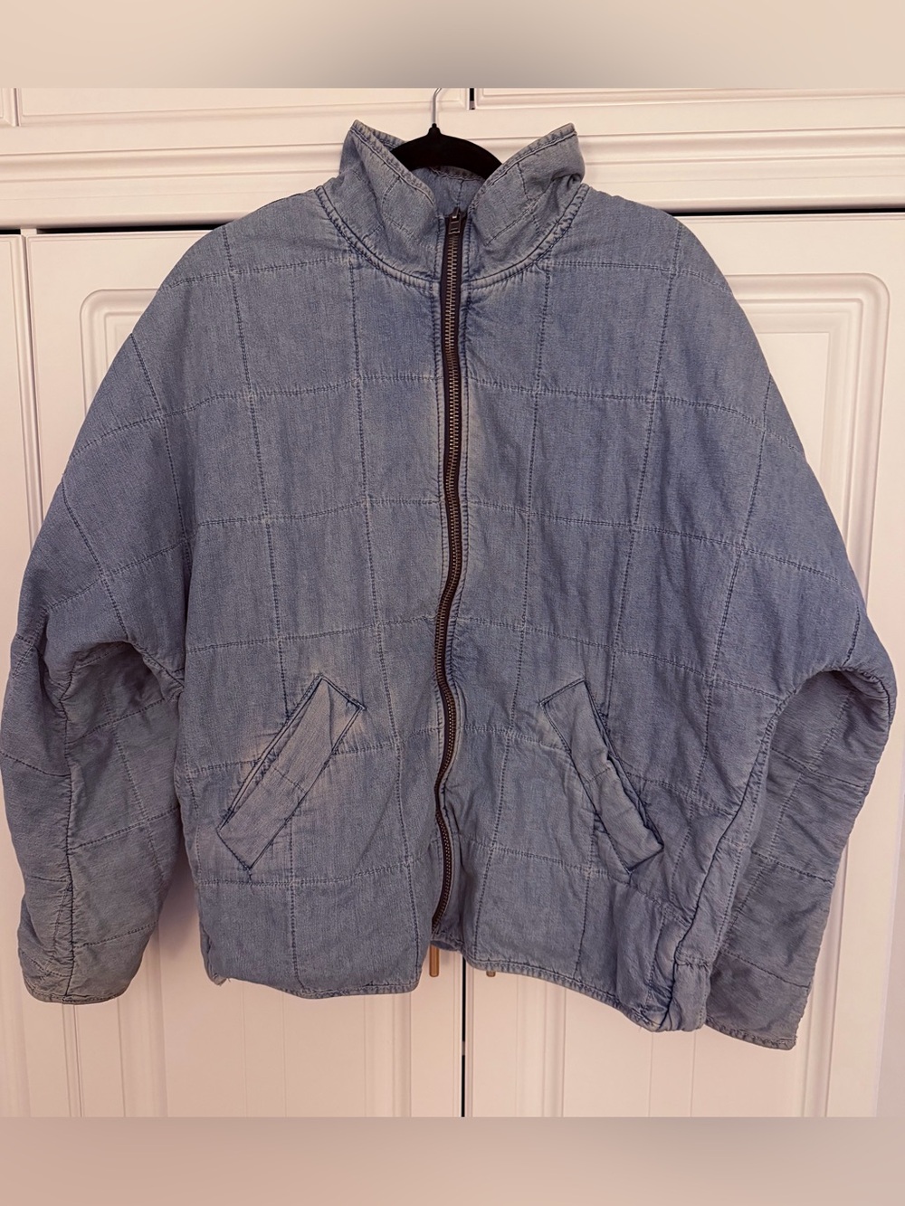 Free People Quilted Denim Puffer Jacket Blue Oversized Small